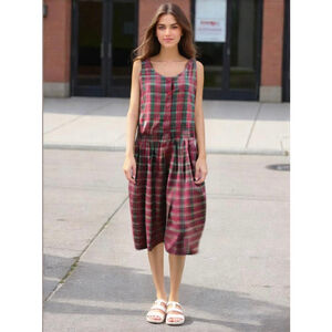 Fritzi Women's Plaid Dress Pockets Med Round Neck Red Green Cottagecore Babydoll